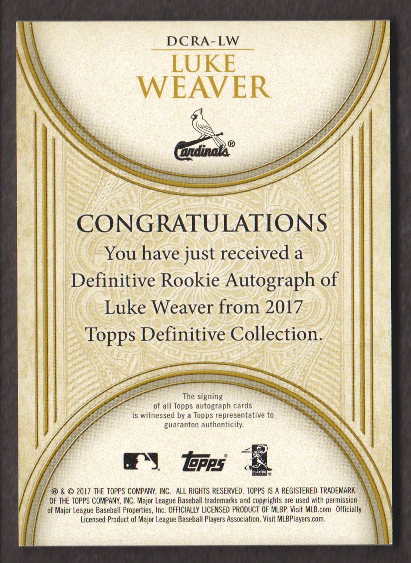 2017 Topps Definitive Collection Rookie Autographs Green #DCRALW Luke Weaver back image