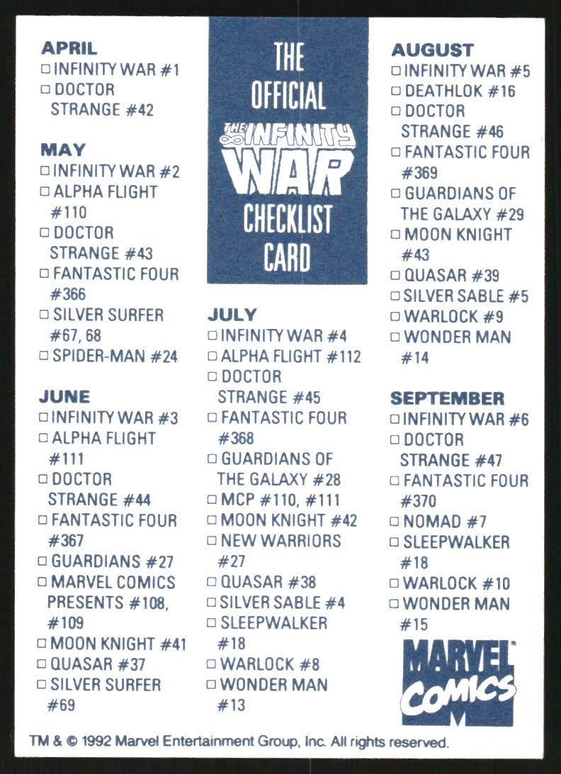 1992 Marvel Comics Infinity War Checklist Promo #NNO Silver Surfer and Thanos back image