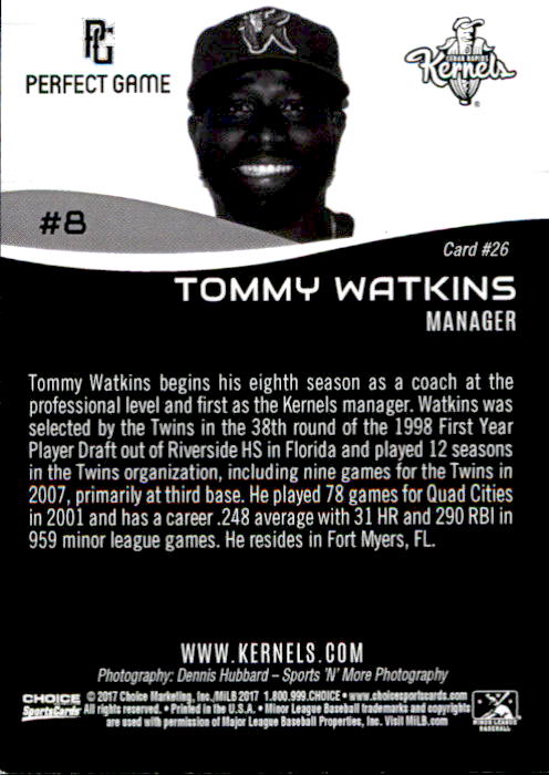 2017 Cedar Rapids Kernels Choice #26 Tommy Watkins MG back image