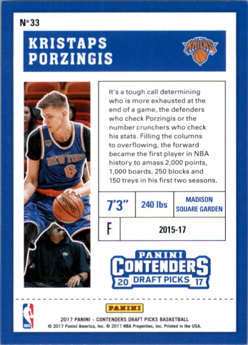 2017-18 Panini Contenders Draft Picks #33A Kristaps Porzingis/blue jersey back image