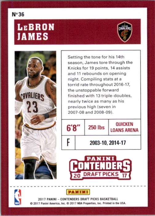 2017-18 Panini Contenders Draft Picks #36B LeBron James/white jersey back image