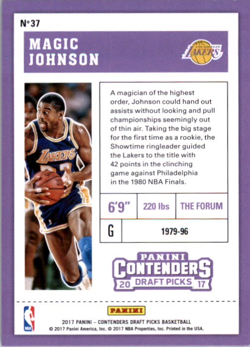 2017-18 Panini Contenders Draft Picks #37A Magic Johnson/purple jersey back image