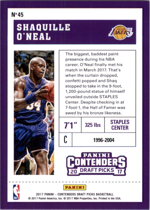 2017-18 Panini Contenders Draft Picks #45A Shaquille O'Neal/purple jersey back image