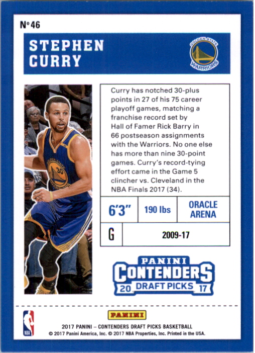 2017-18 Panini Contenders Draft Picks #46A Stephen Curry/blue jersey back image