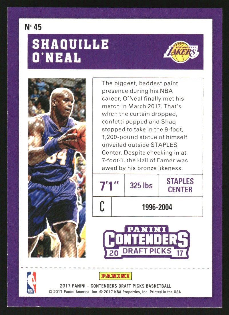 2017-18 Panini Contenders Draft Picks Draft Ticket #45A Shaquille O'Neal/purple jersey back image