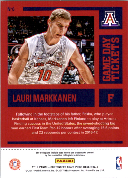 2017-18 Panini Contenders Draft Picks Game Day Tickets #6 Lauri Markkanen