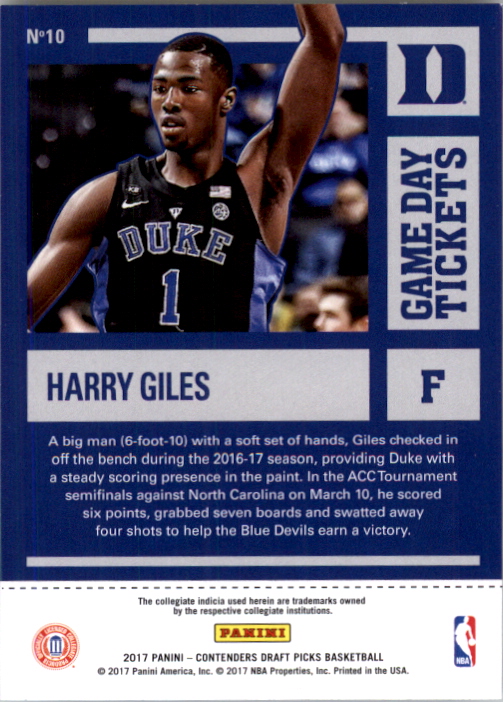 2017-18 Panini Contenders Draft Picks Game Day Tickets #10 Harry Giles back image