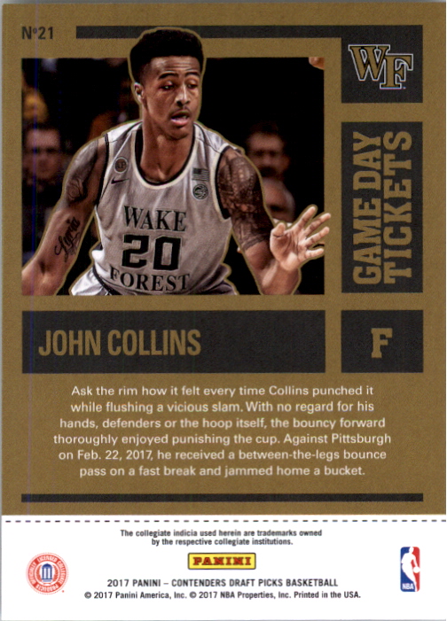 2017-18 Panini Contenders Draft Picks Game Day Tickets #21 John Collins