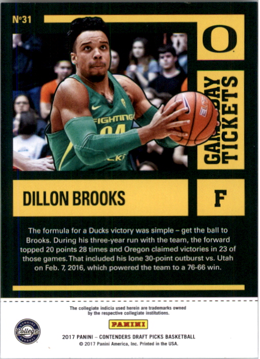 2017-18 Panini Contenders Draft Picks Game Day Tickets #31 Dillon Brooks