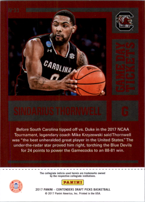 2017-18 Panini Contenders Draft Picks Game Day Tickets #33 Sindarius Thornwell
