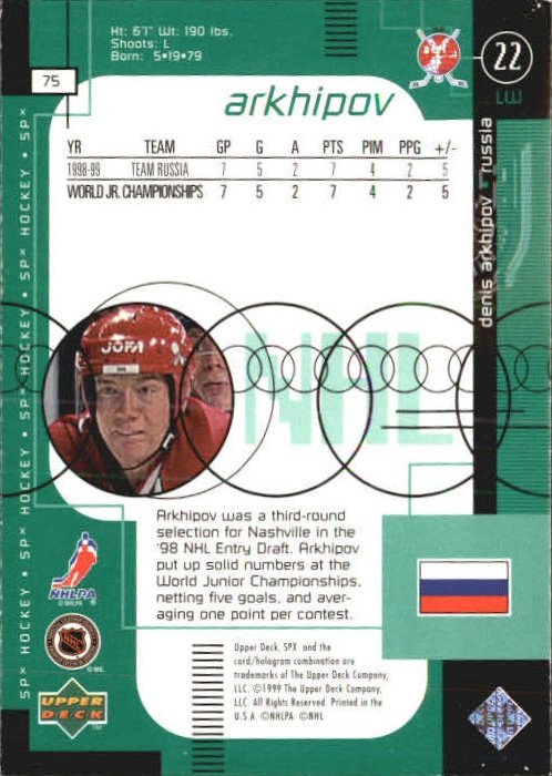 1998-99 SPx Top Prospects Radiance #75 Denis Arkhipov back image