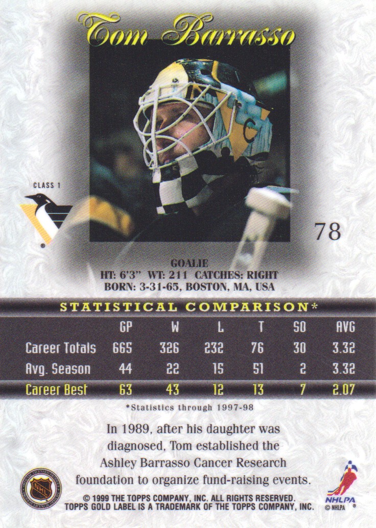 1998-99 Topps Gold Label Class 1 #78 Tom Barrasso back image