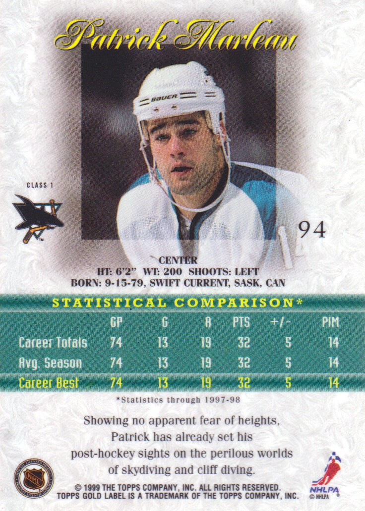 1998-99 Topps Gold Label Class 1 #94 Patrick Marleau back image