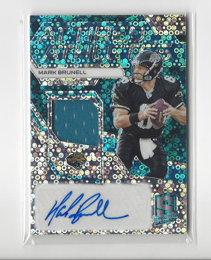 2017 Panini Spectra Attired Athletes Material Autographs Neon Blue #19 Mark Brunell/50