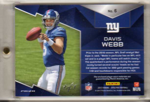 2017 Panini Spectra Rising Rookie Materials Gold Laundry Tags NFL Shield #6 Davis Webb back image