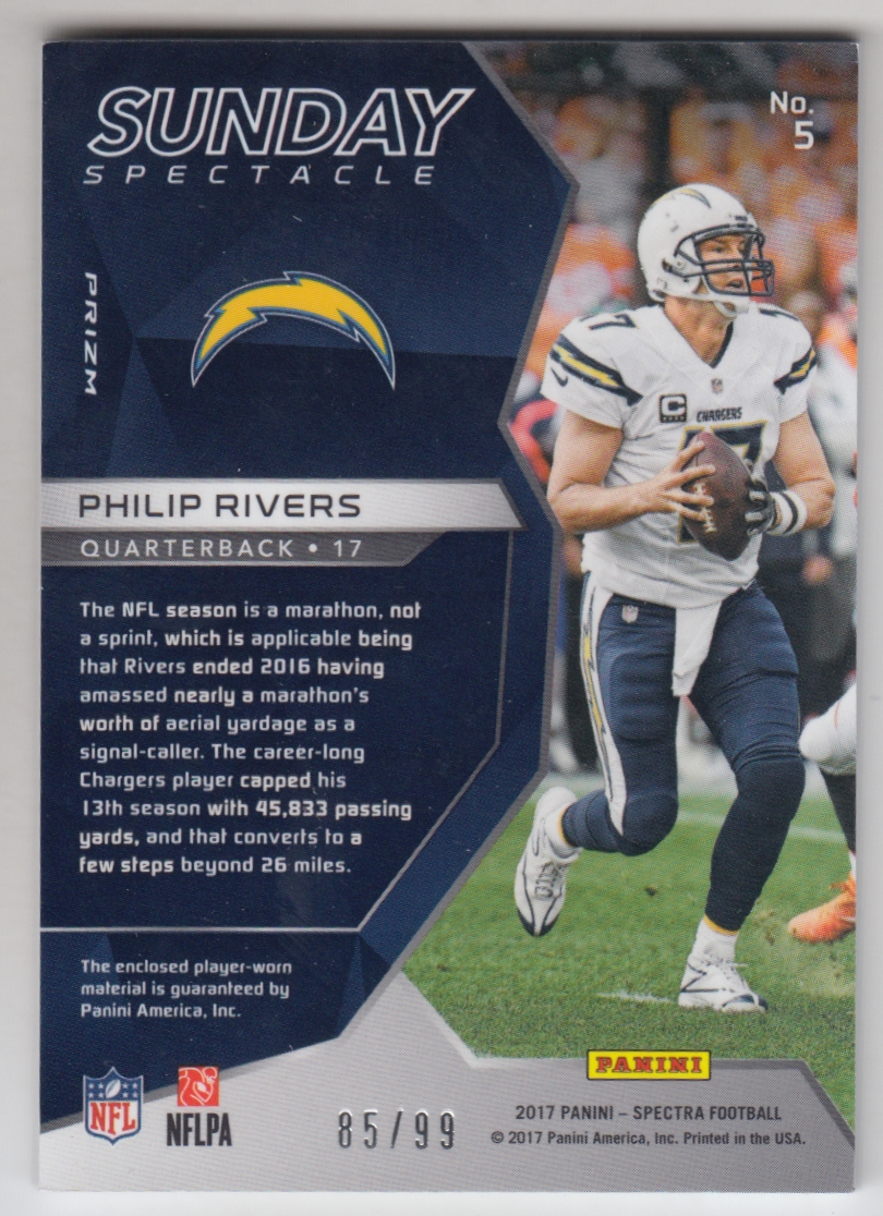 2017 Panini Spectra Sunday Spectacle Jerseys Neon Blue #5 Philip Rivers/99 back image