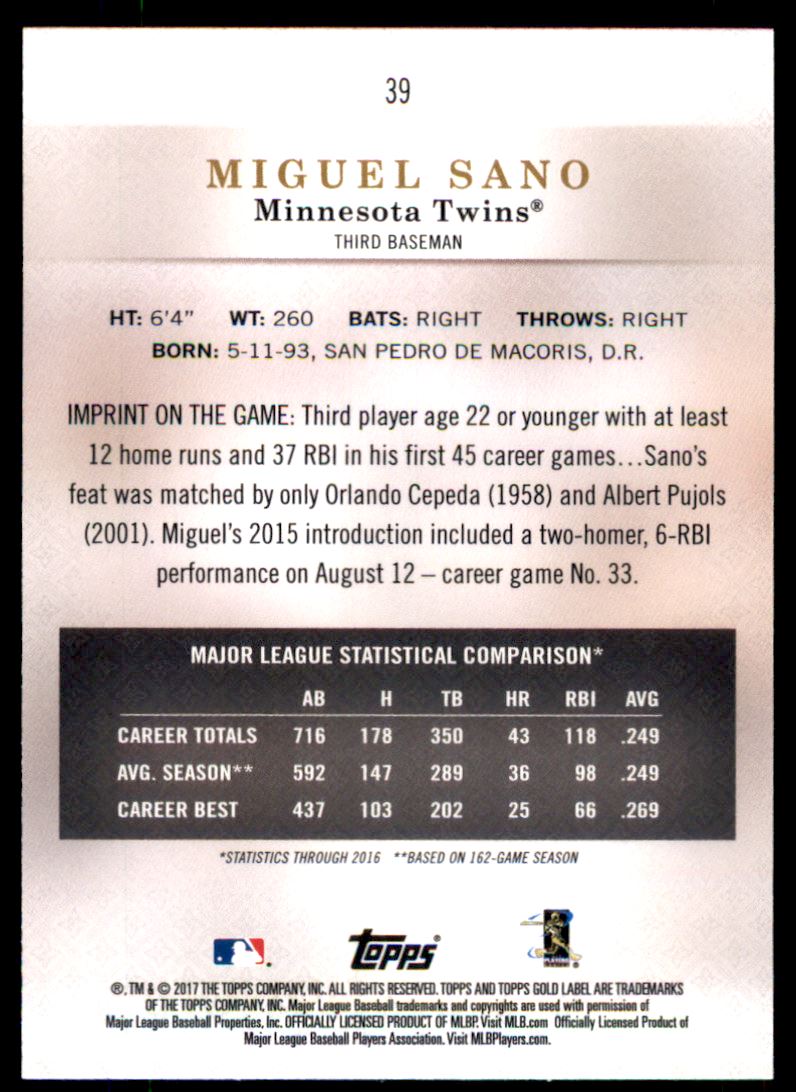 2017 Topps Gold Label Class 1 Black #39 Miguel Sano back image