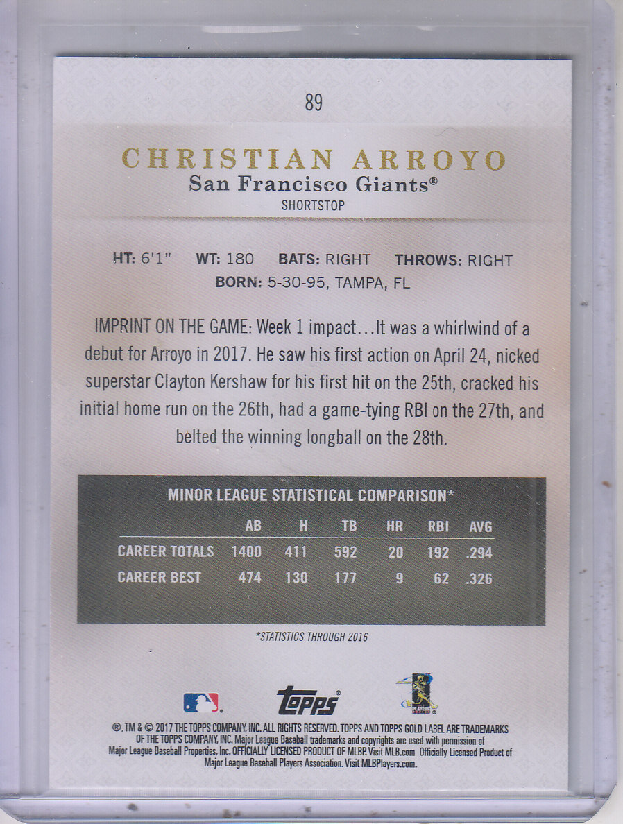 2017 Topps Gold Label Class 2 Blue #89 Christian Arroyo back image