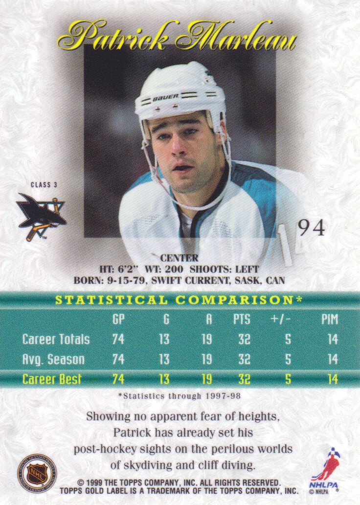 1998-99 Topps Gold Label Class 3 #94 Patrick Marleau back image