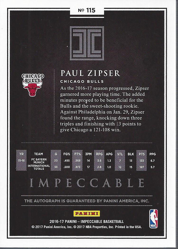2016-17 Panini Impeccable #115 Paul Zipser AU/99 RC back image