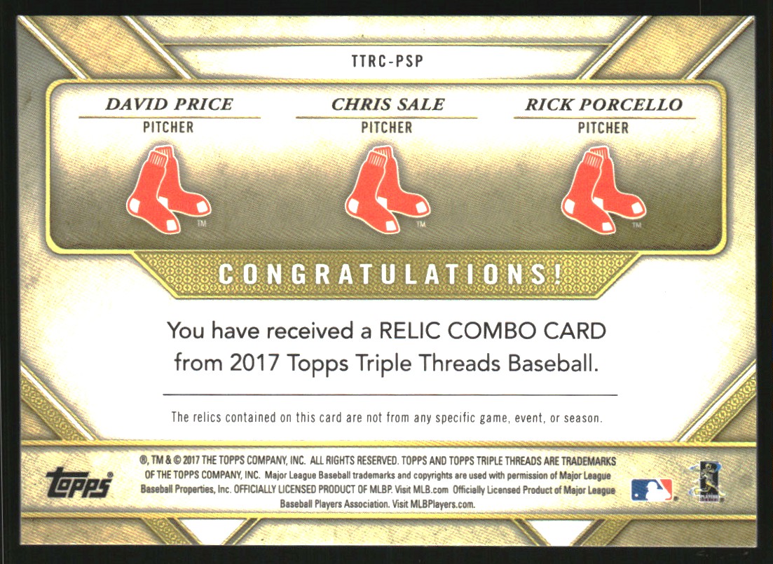 2017 Topps Triple Threads Relic Combos Silver #TTRCPSP Chris Sale/David Price/Rick Porcello