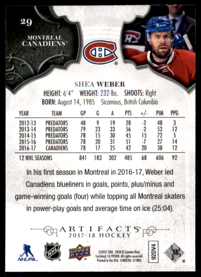 2017-18 Artifacts #29 Shea Weber