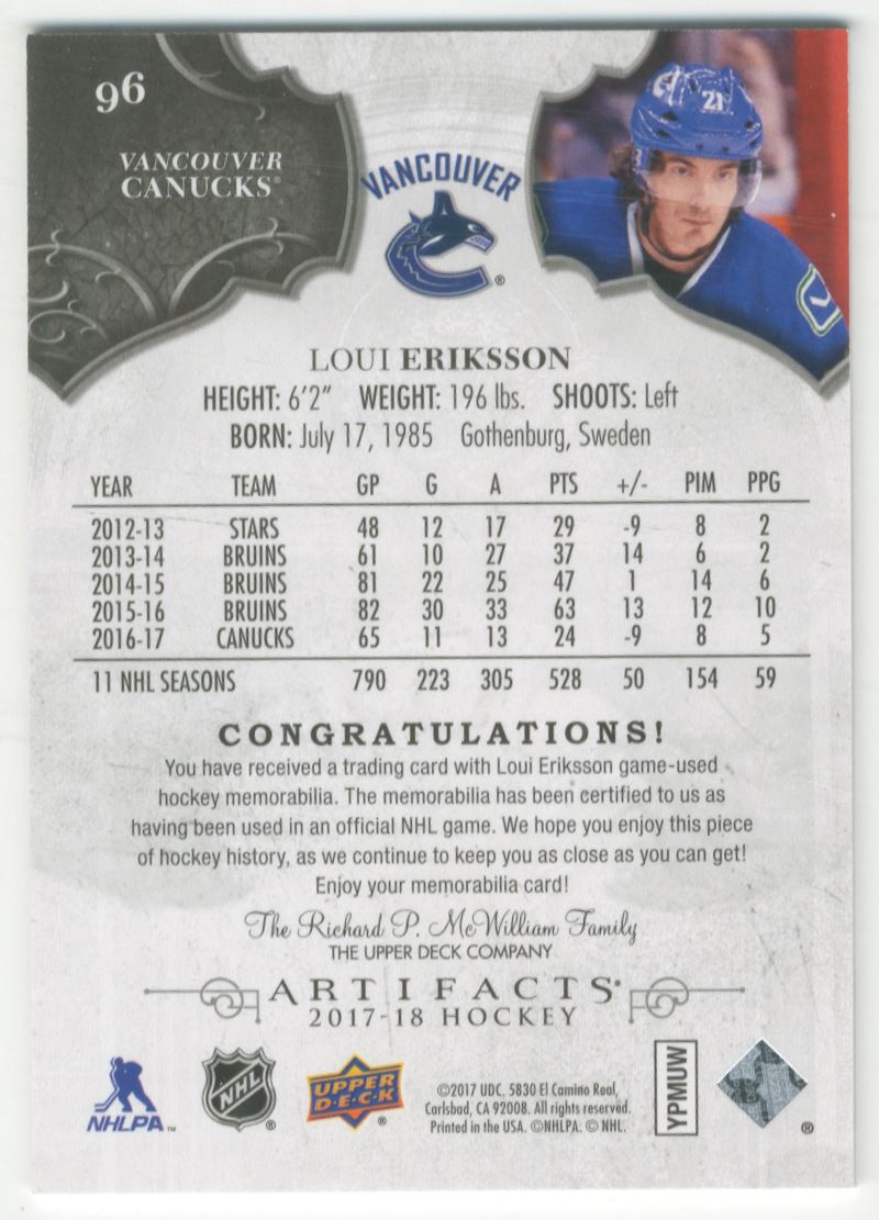2017-18 Artifacts Materials Silver #96 Loui Eriksson back image
