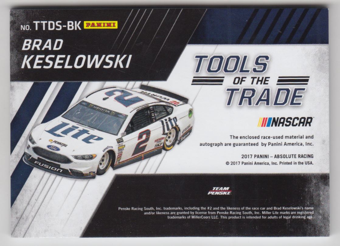 2017 Absolute Tools of the Trade Duals Signatures #2 Brad Keselowski/150 back image