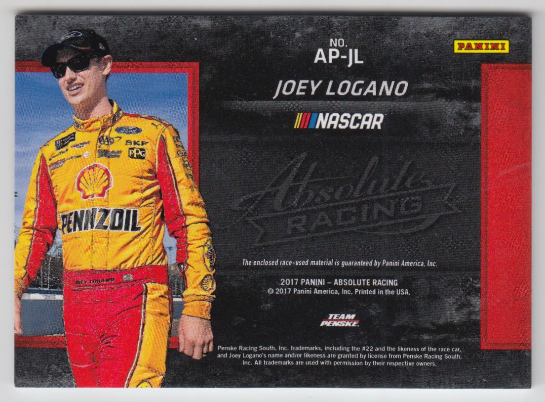 2017 Absolute Prime Manufacturer Jumbo Patches #28 Joey Logano back image