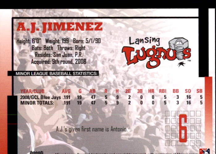 2009 Lansing Lugnuts Grandstand #14 A.J. Jimenez back image
