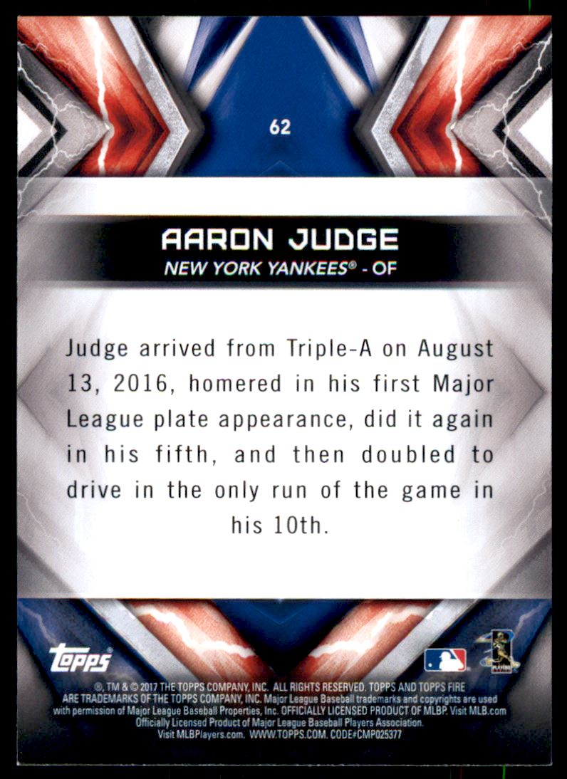 2017 Topps Fire #62 Aaron Judge RC back image