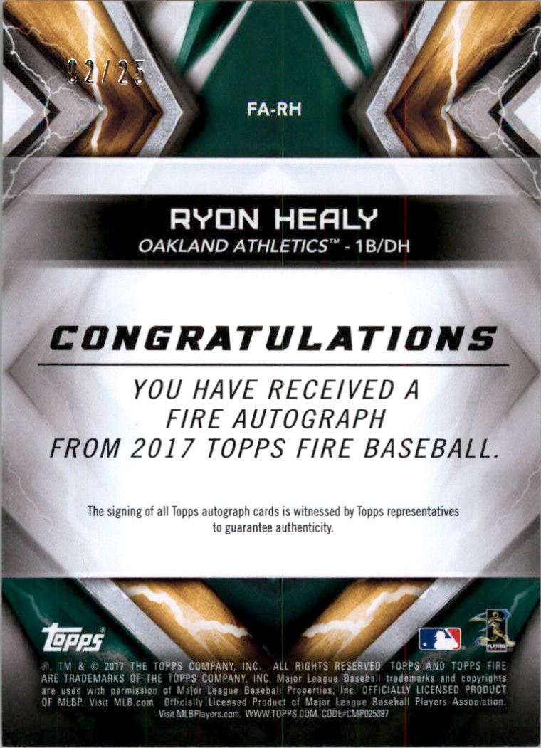 2017 Topps Fire Autographs Magenta #FARH Ryon Healy EXCH back image