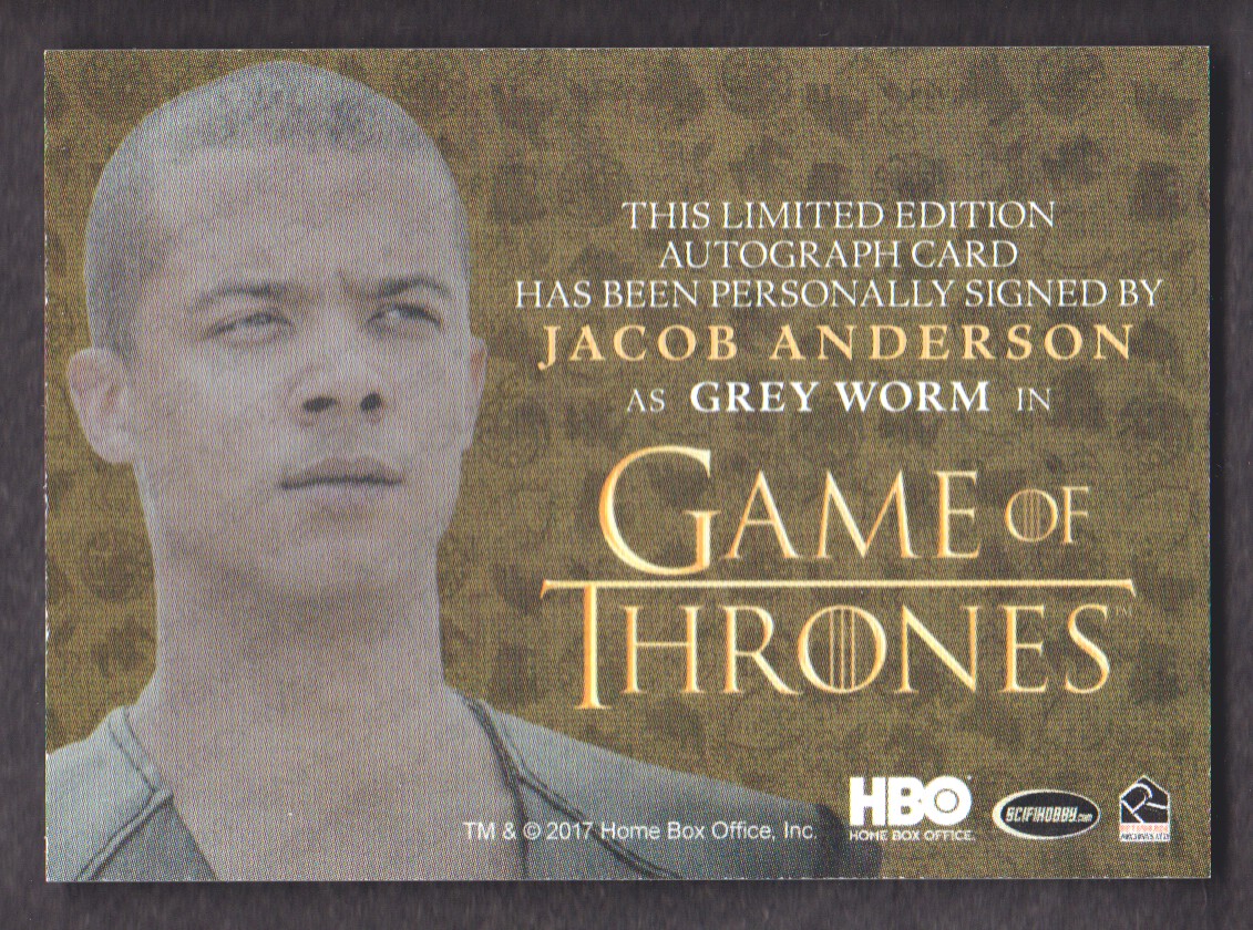 2017 Rittenhouse Game of Thrones Valyrian Steel Gold Autographs #NNO Jacob Anderson as Grey Worm L back image