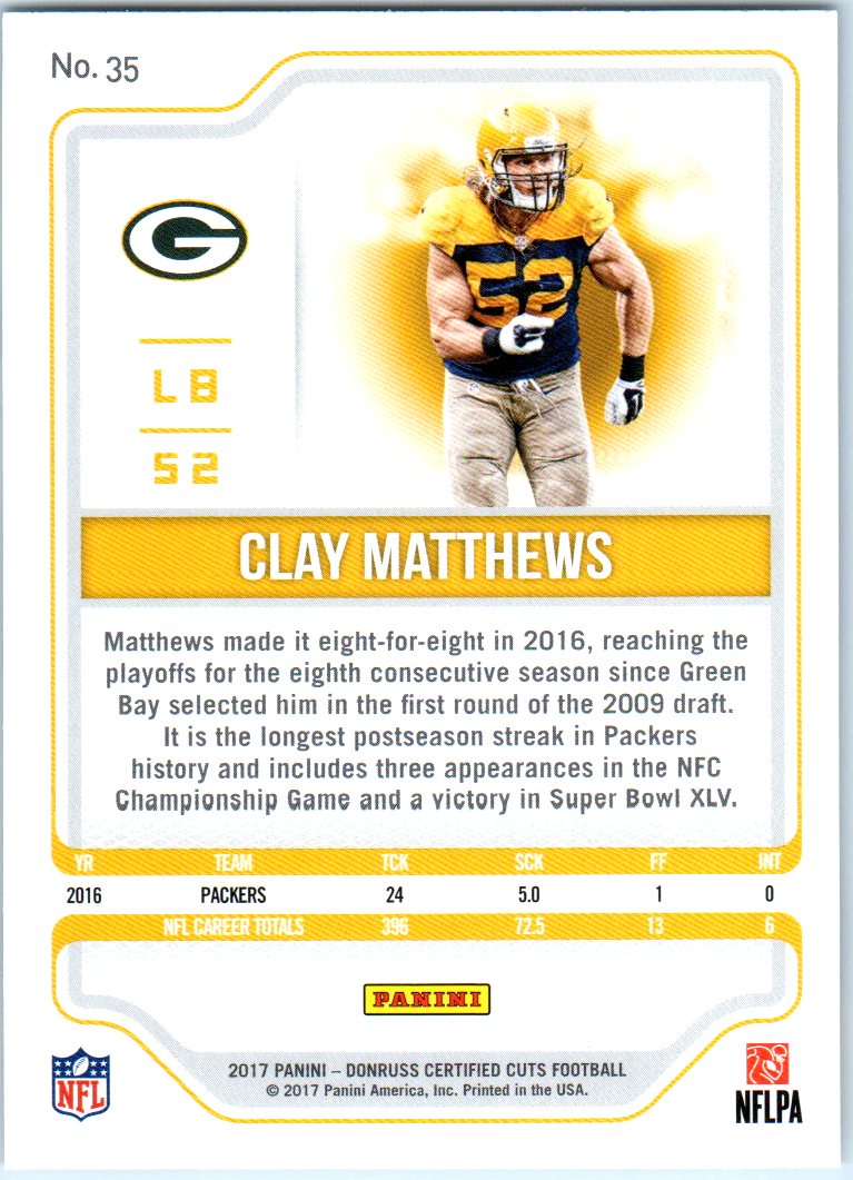 2017 Certified Cuts #35 Clay Matthews back image