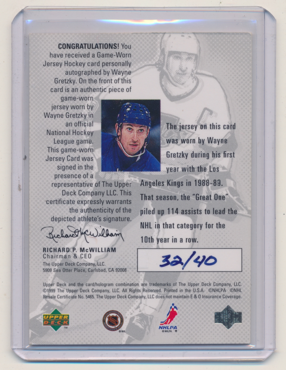 1998-99 Upper Deck Wayne Gretzky Game Jersey Autographs #SPX W.Gretzky SPxTP/40 back image
