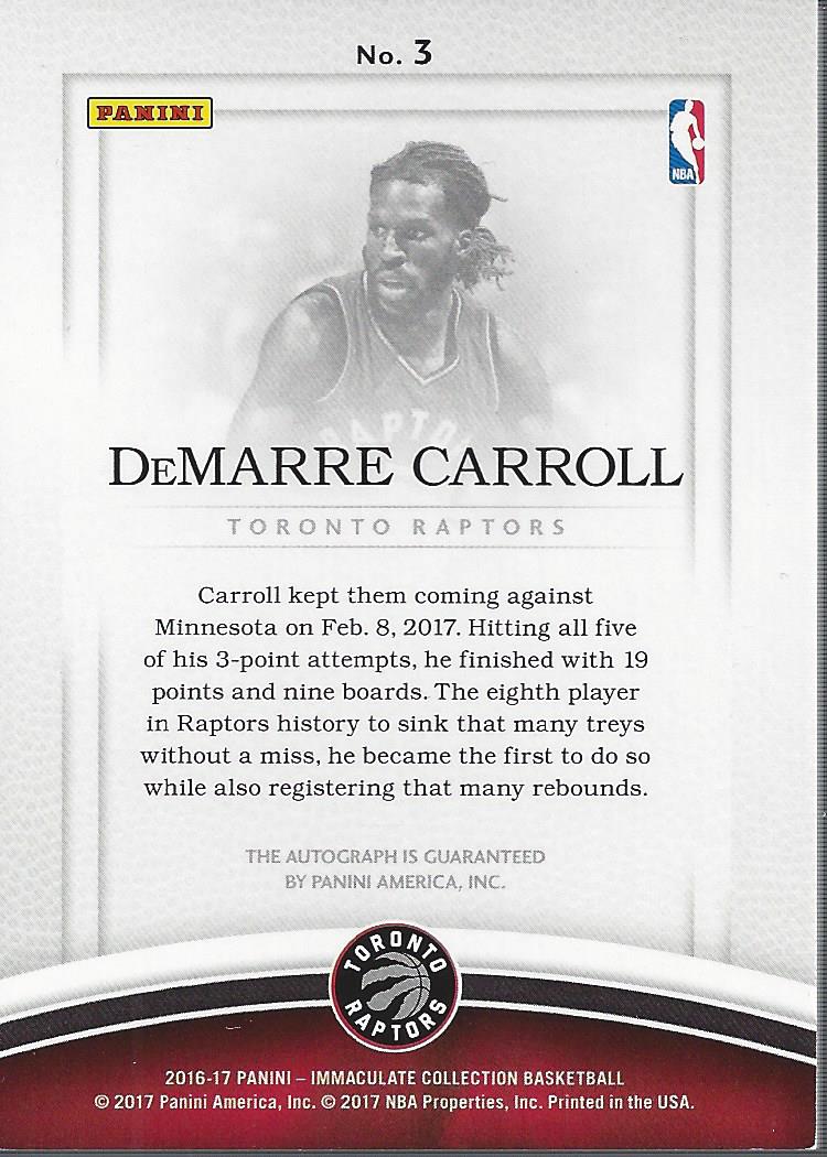 2016-17 Immaculate Collection Shadowbox Signatures #3 DeMarre Carroll/75 back image