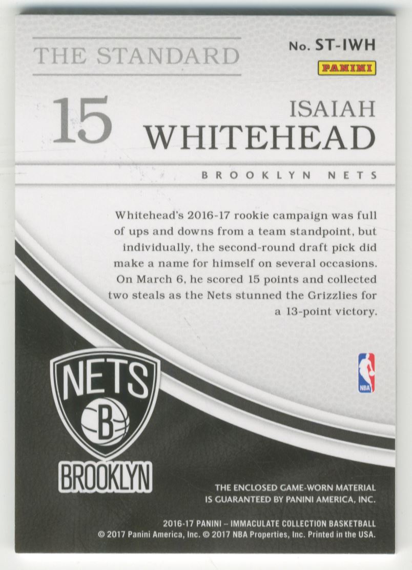 2016-17 Immaculate Collection The Standard Relics #70 Isaiah Whitehead/99 back image