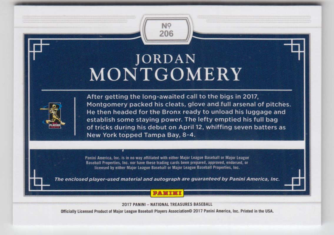 2017 Panini National Treasures #206 Jordan Montgomery JSY AU/99 RC back image