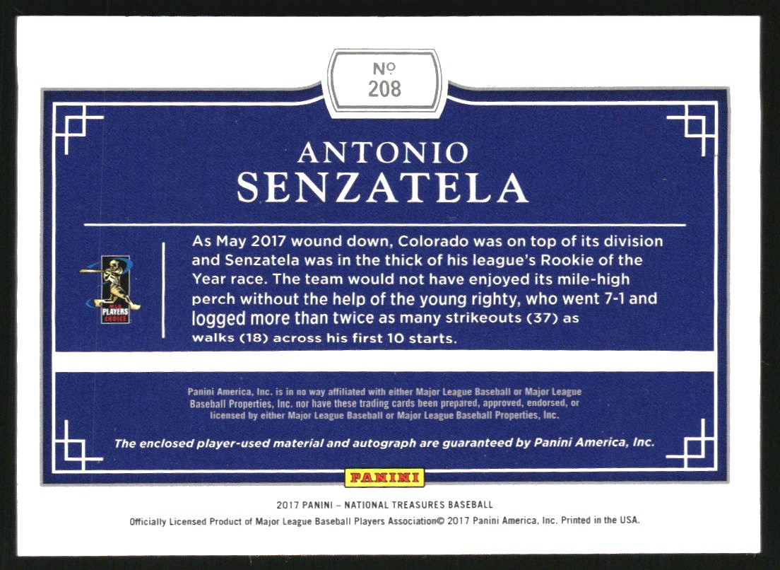 2017 Panini National Treasures #208 Antonio Senzatela JSY AU/99 RC back image