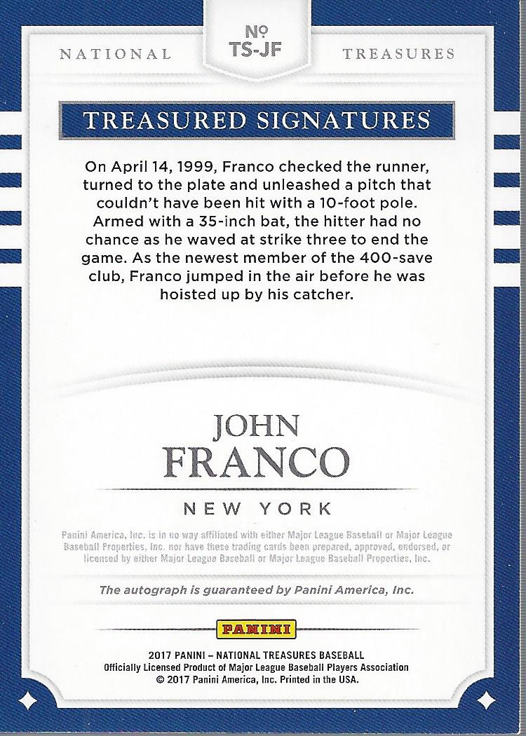 2017 Panini National Treasures Treasured Signatures #40 John Franco/99 back image