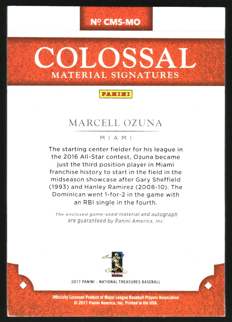 2017 Panini National Treasures Colossal Material Signatures Jersey Number Holo Gold #5 Marcell Ozuna/5 back image