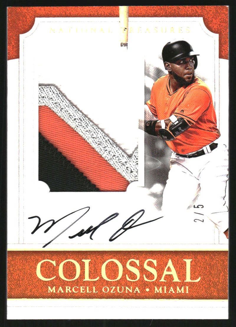 2017 Panini National Treasures Colossal Material Signatures Jersey Number Holo Gold #5 Marcell Ozuna/5