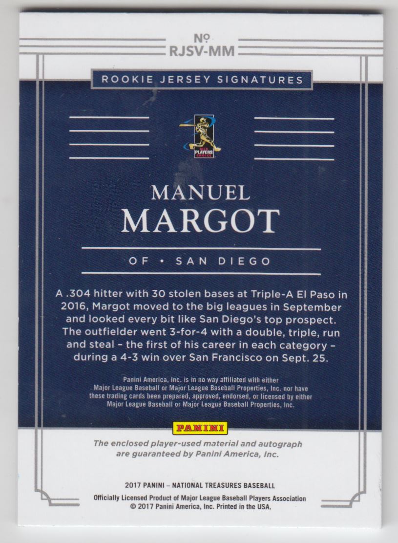 2017 Panini National Treasures Rookie Jersey Signatures Vertical #9 Manuel Margot/25 back image