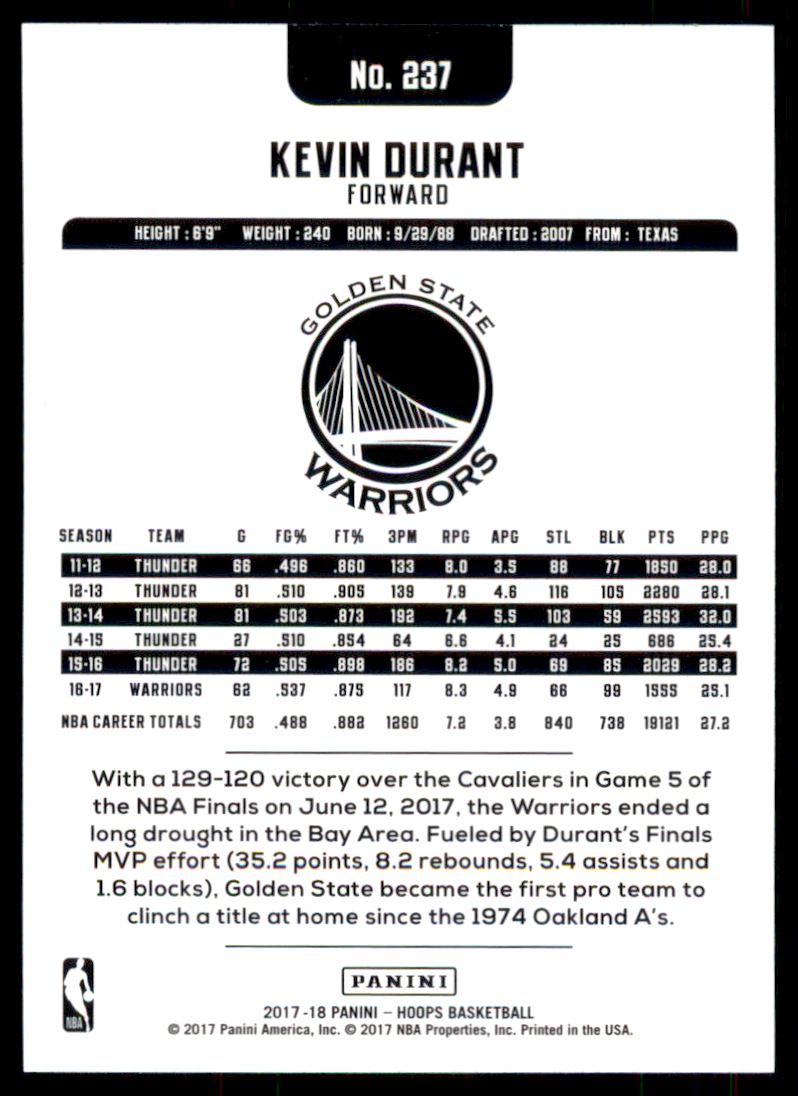 2017-18 Hoops #237 Kevin Durant back image
