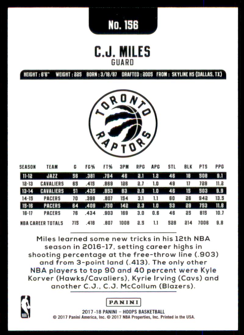 2017-18 Hoops Teal #156 C.J. Miles back image