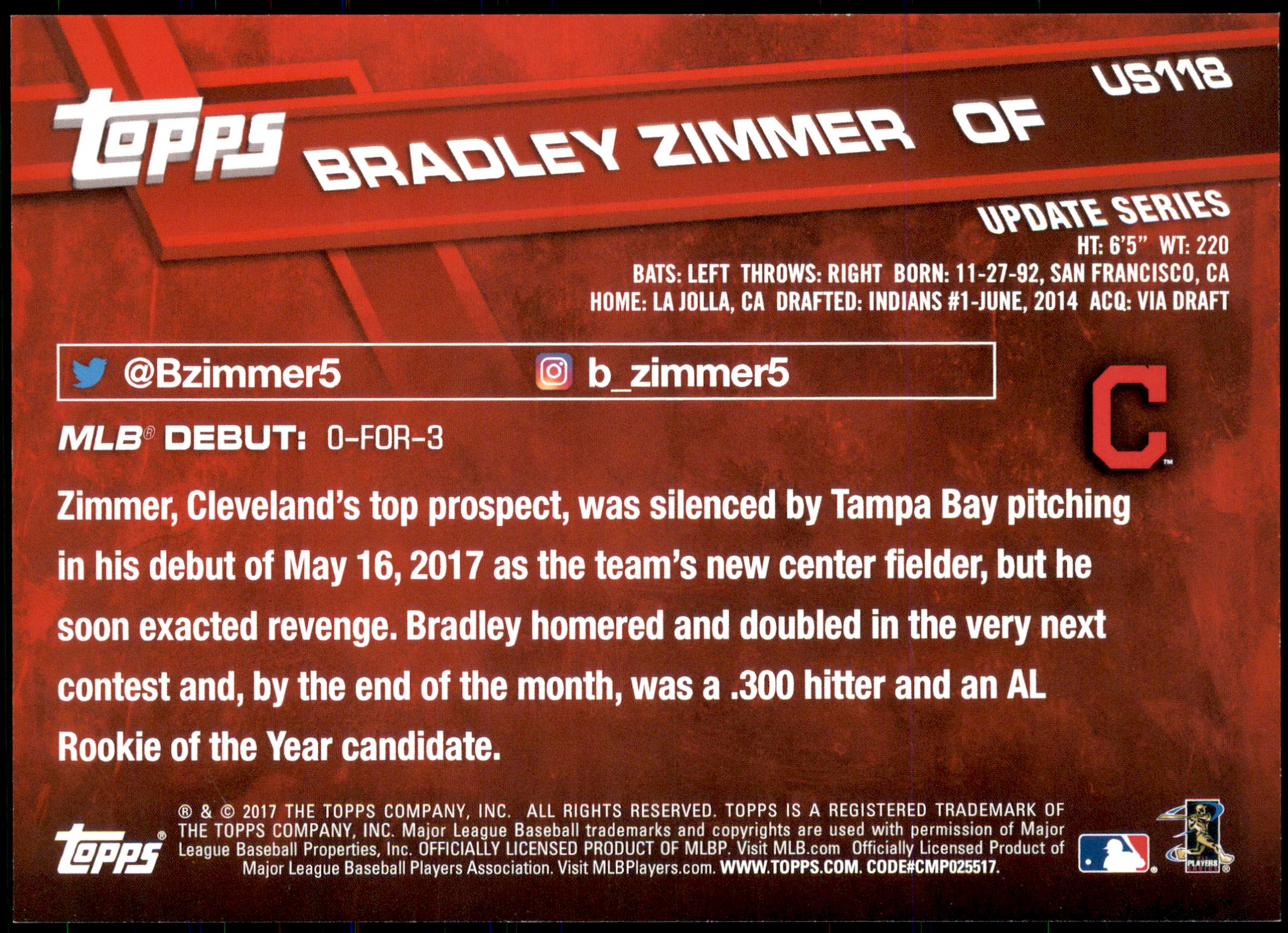 2017 Topps Update 5x7 #US118 Bradley Zimmer back image