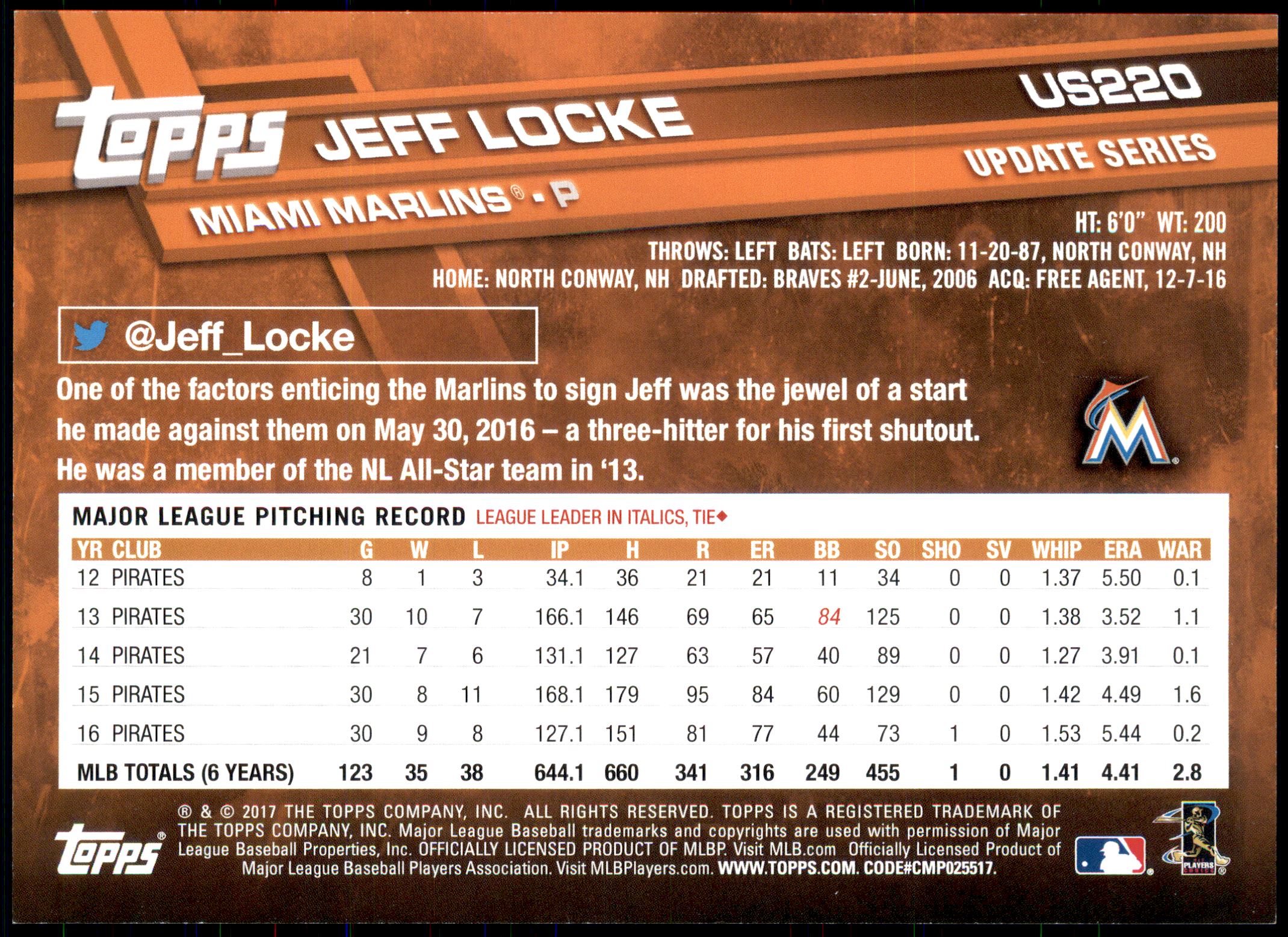 2017 Topps Update 5x7 #US220 Jeff Locke back image