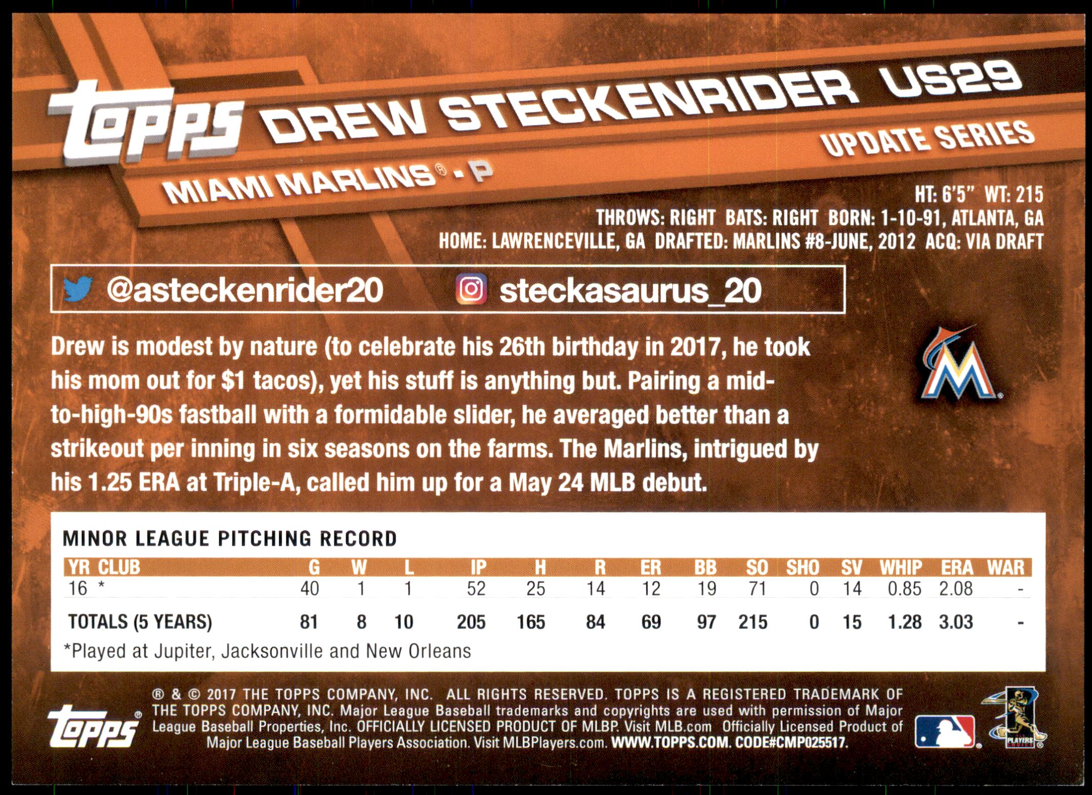 2017 Topps Update 5x7 Gold #US29 Drew Steckenrider back image