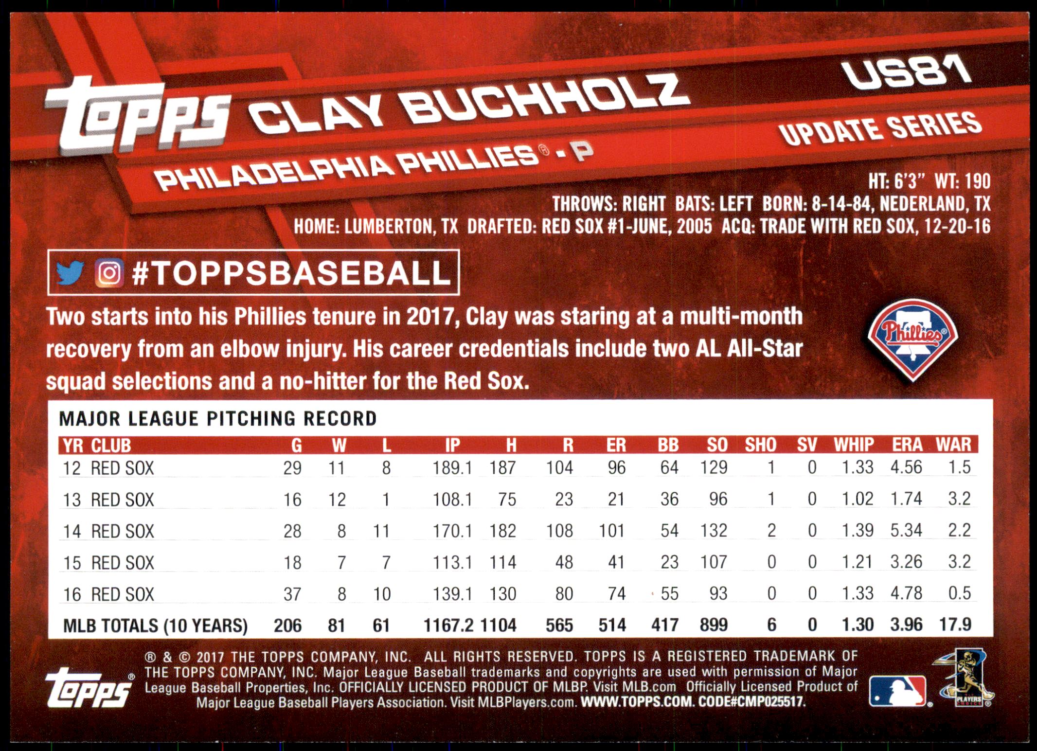 2017 Topps Update 5x7 Gold #US81 Clay Buchholz back image