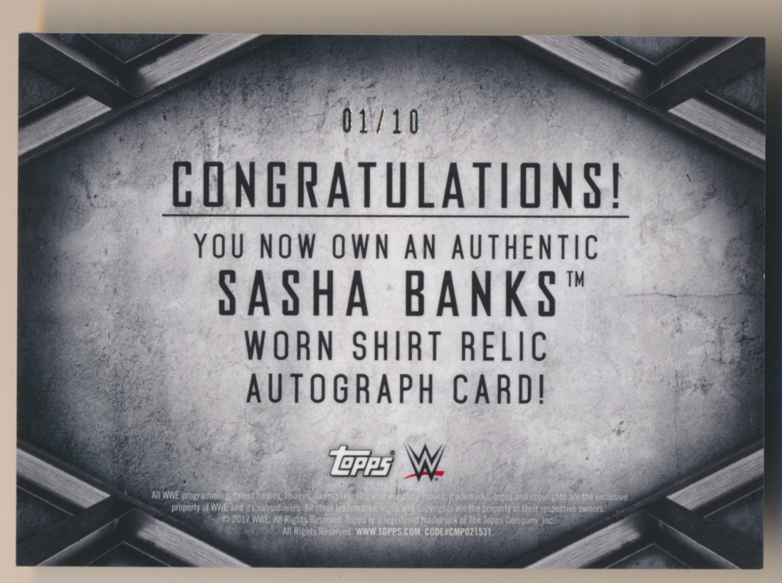 2017 Topps WWE Then Now Forever Autographed Shirt Relics #NNO Sasha Banks back image
